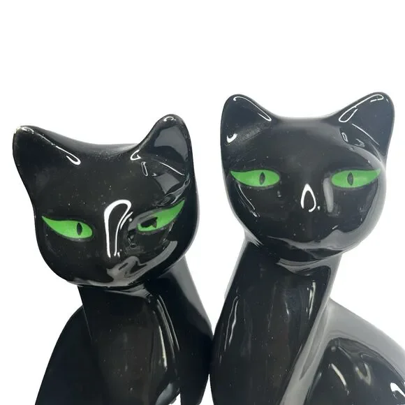 VTG Artmark Fine Ceramic Midnight Shadows Pair of Black Cats Green Eyes 12.5 in - Picture 10 of 12